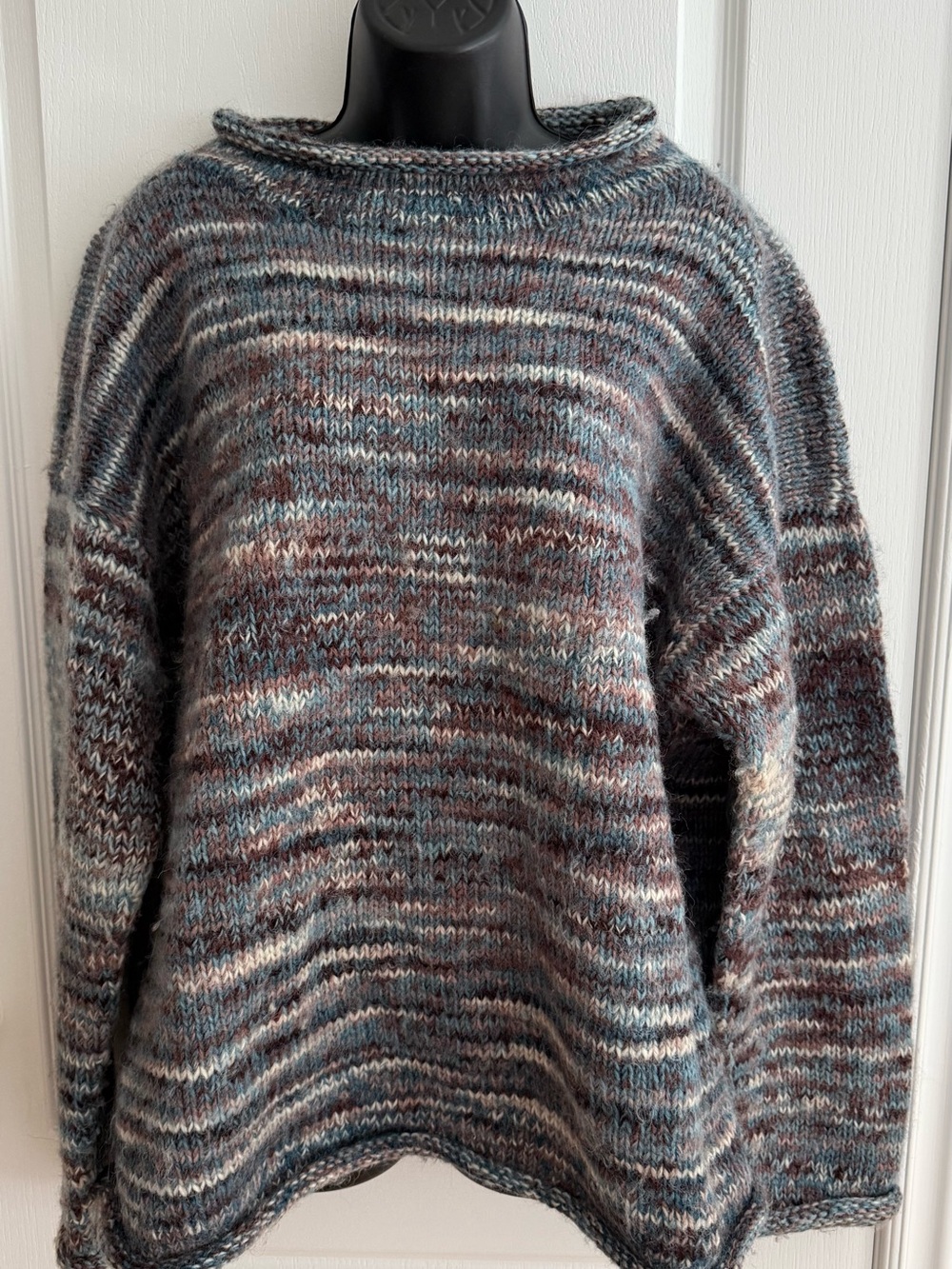 Marled Crewneck Sweater in Blue and Brown and Cream Blend - Hand-knitted